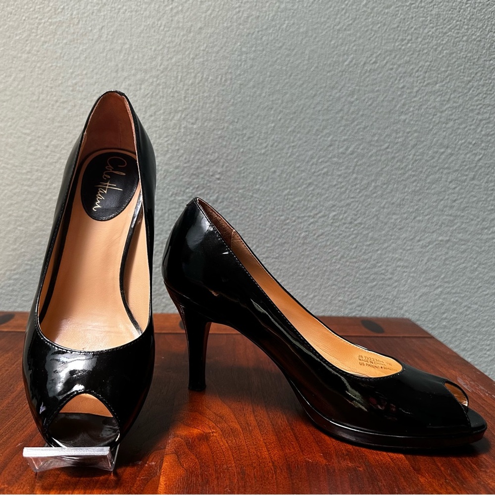 Cole Haan Peep Toe Black Patent Pumps Nike Air Collection Heels Sandals Shiny